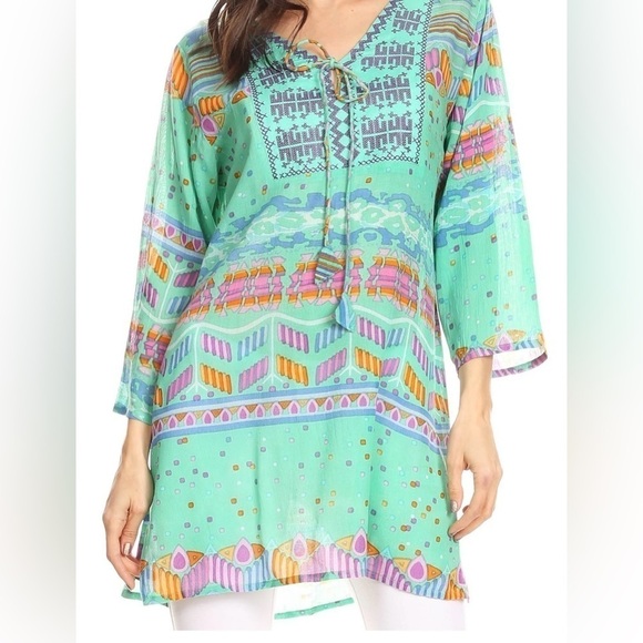 NWT Sakkas Carina Tie Front 3/4Sleeve Tunic with Cross Stitch Embroidey - Picture 2 of 11